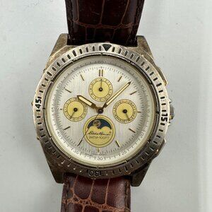 Eddie Bauer Moon Phase Watch Men Silver Tone Brown Band New Battery 9"
